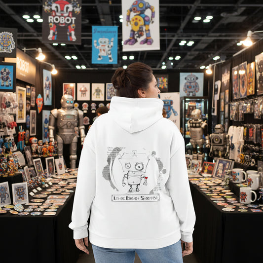 Woman wearing the Little Robot Series hoodie in white in a robots exhibition