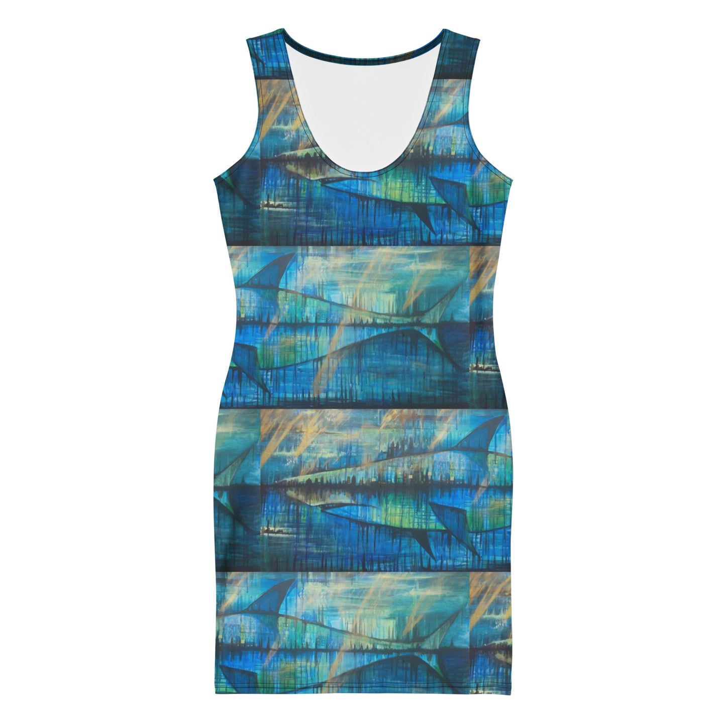 London Shark bodycon dress with London shark artwork by Vicky Steane, back view