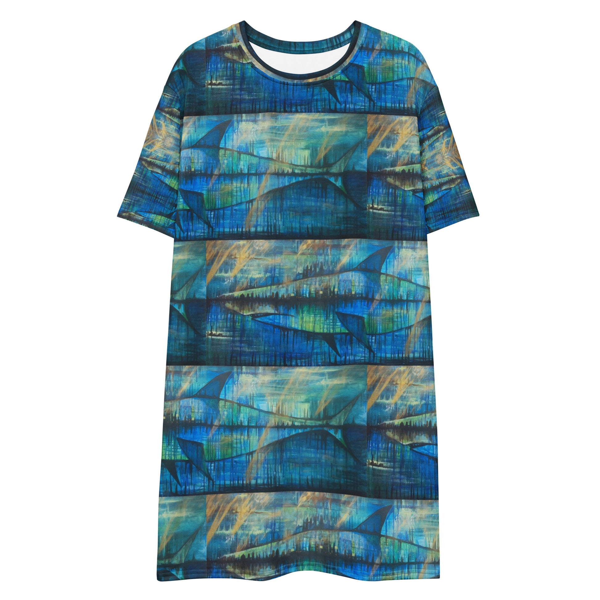 London Shark t-shirt dress with London shark artwork by Vicky Steane, back view