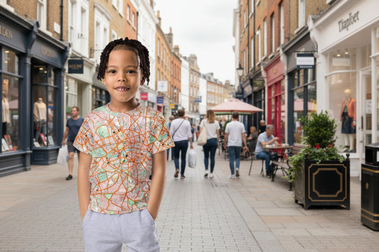 London Travel Card Map kids t-shirt with London travel card collage by Vicky Steane, lifestyle view
