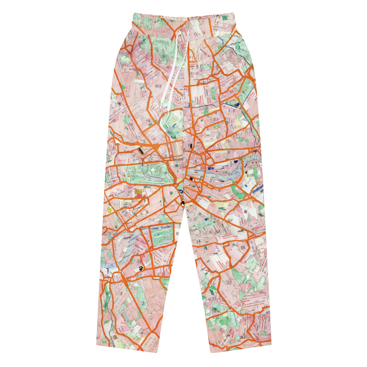 London Travel Card Map wide-leg joggers with London travel card collage by Vicky Steane, front view