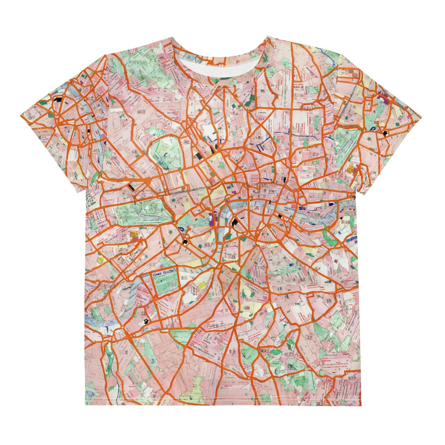 London Travel Card Map kids t-shirt with London travel card collage by Vicky Steane, back view