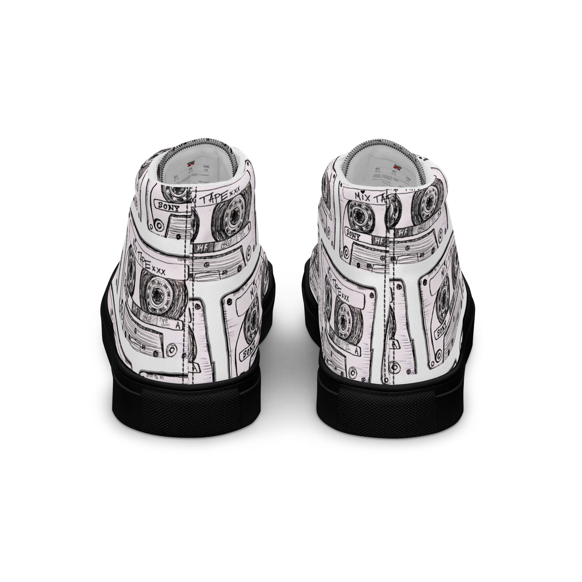 Product mockup of the rear of Vicky Steane's black Mix Tape High Top Canvas Shoes