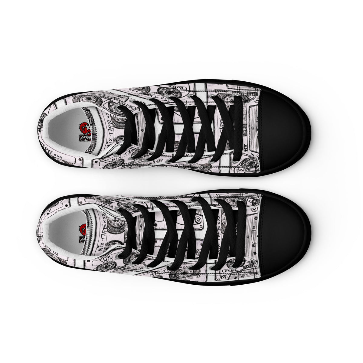 Product mockup of Mix Tape High Top Canvas Shoes from above, in black
