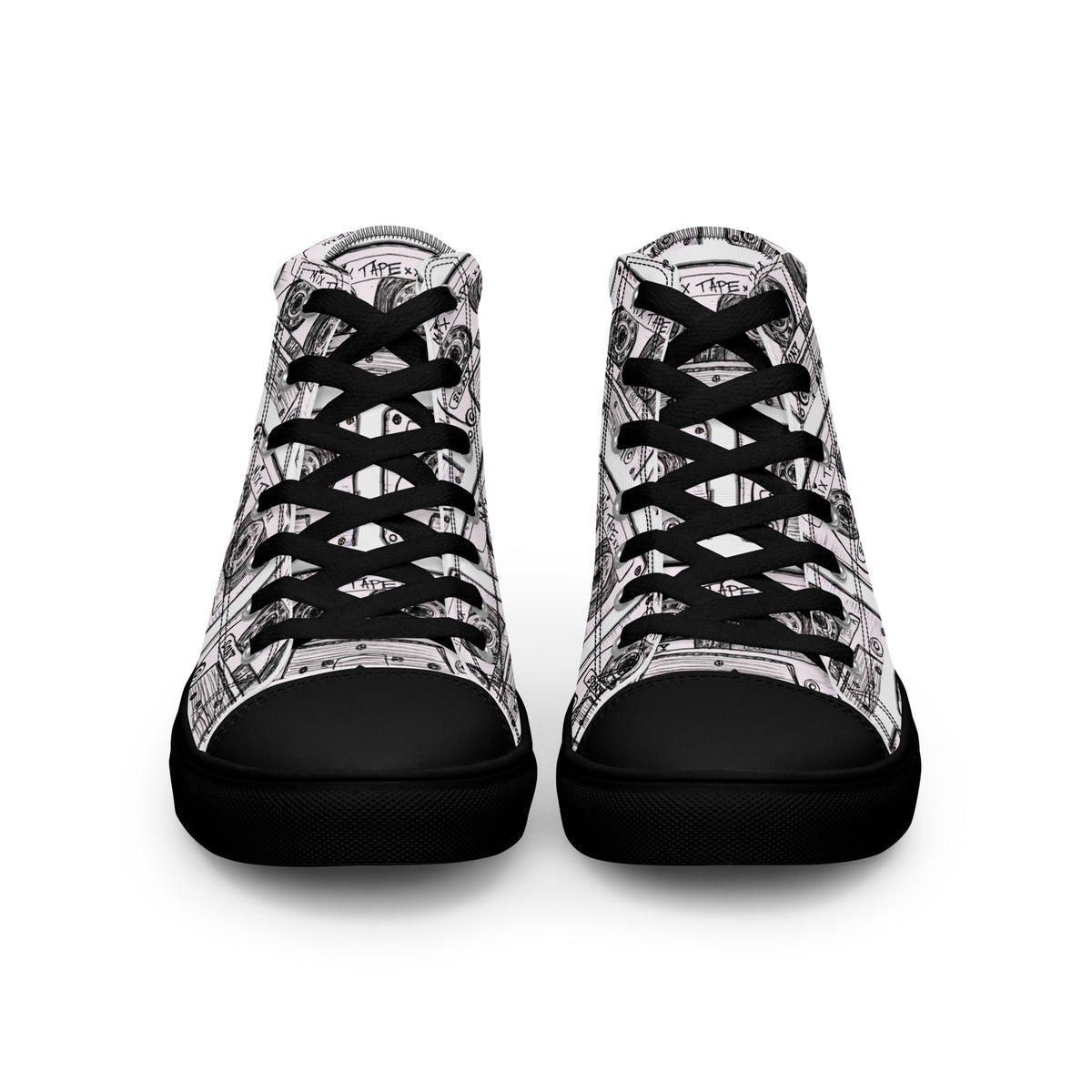 Product mockup of Vicky Steane's black Mix Tape High Top Canvas Shoes, front view with black laces