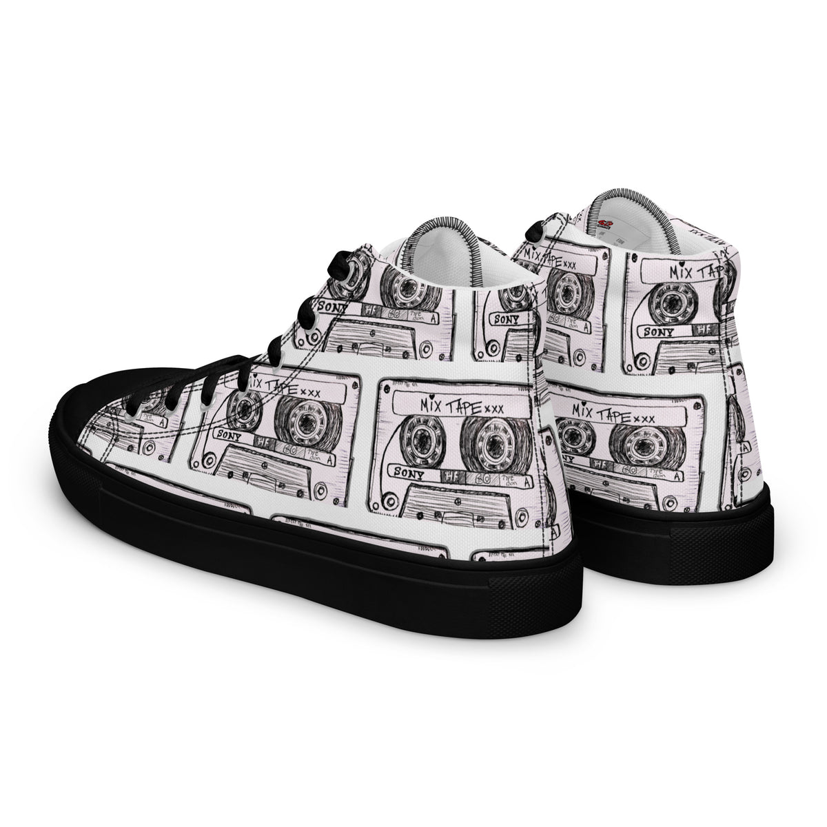 Product mockup of Mix Tape High Top Canvas Shoes by Vicky Steane Apparel, rear left side