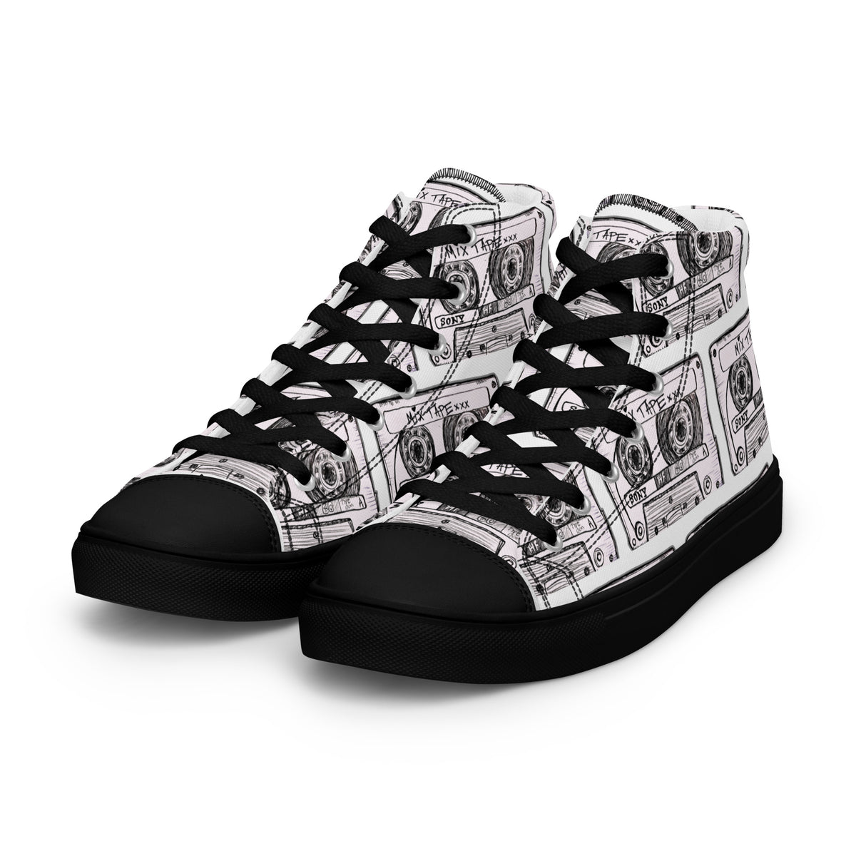 Product mockup of Mix Tape High Top Canvas Shoes in black, Front Right