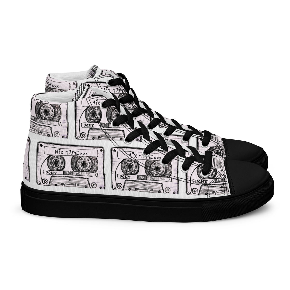 Product mockup of Mix Tape High Top Canvas Shoes in black, right side view
