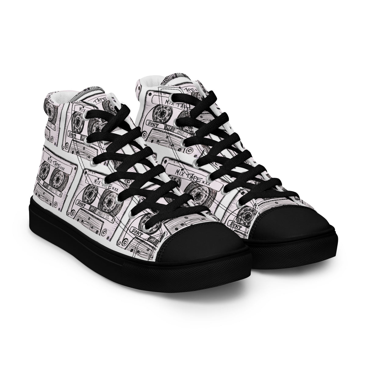 Product mockup of Mix Tape High Top Canvas Shoes in black, right front view
