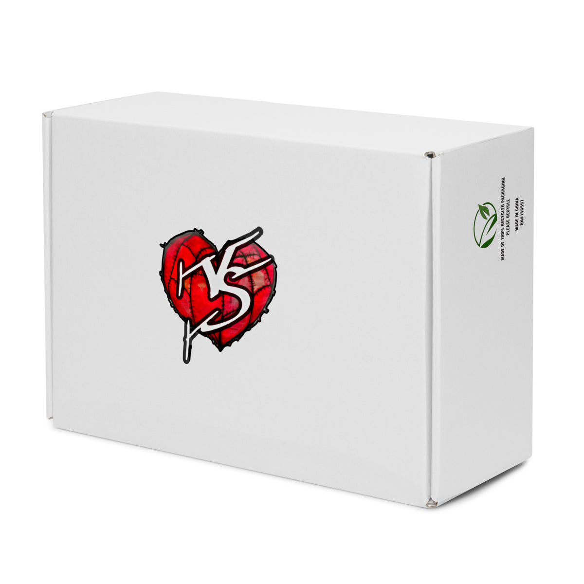 A white rectangular  Mix Tape High Top Canvas Shoes product box shown at a three-quarter angle on a white background, featuring a red heart graphic with black and white stylized lettering on the front.
