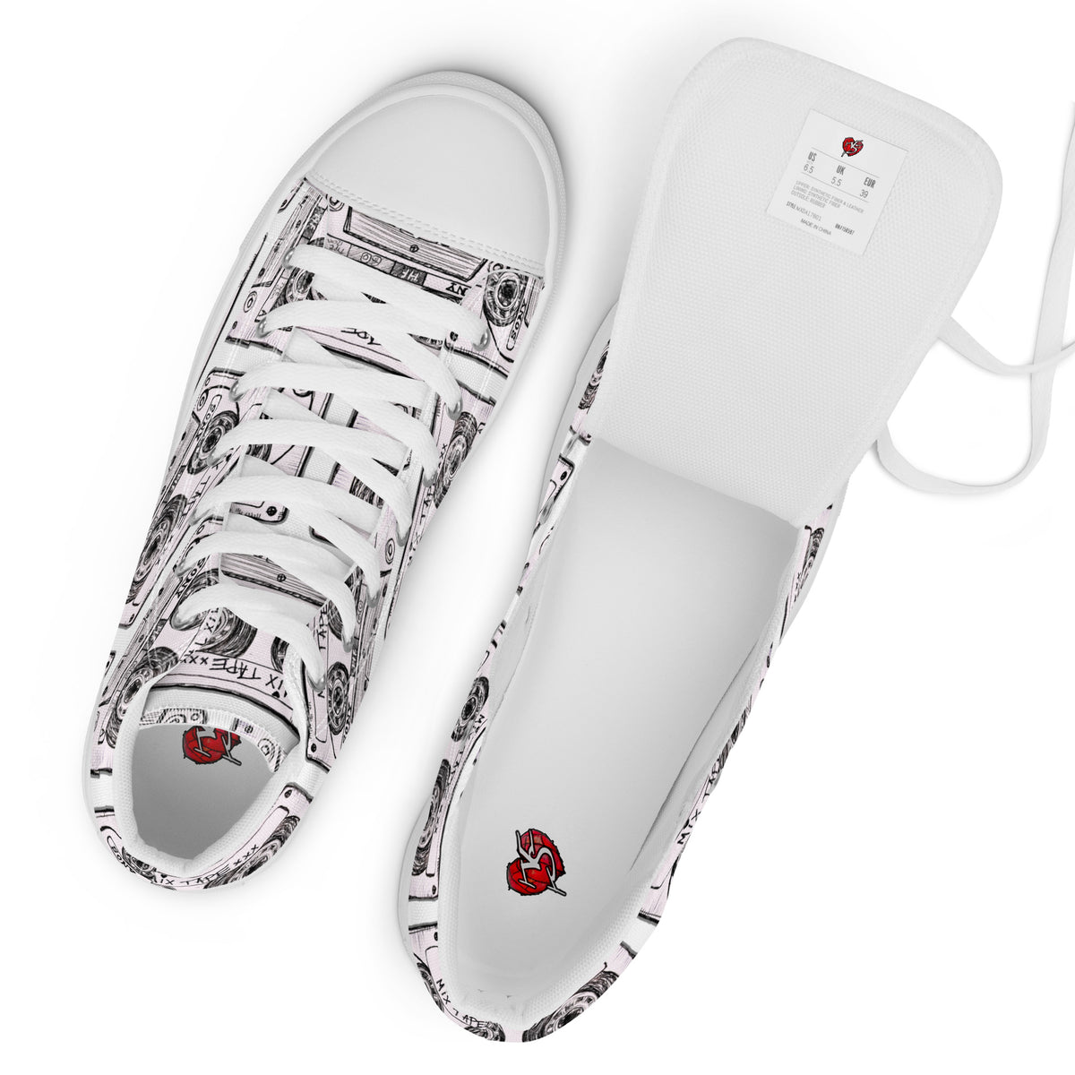 A pair of  white Mix Tape High Top Canvas Shoes shown from top and side views on a white background. The uppers feature a black line-art sketch pattern of cassettes with a small red Vicky Steane Apparel heart logo near the collar.