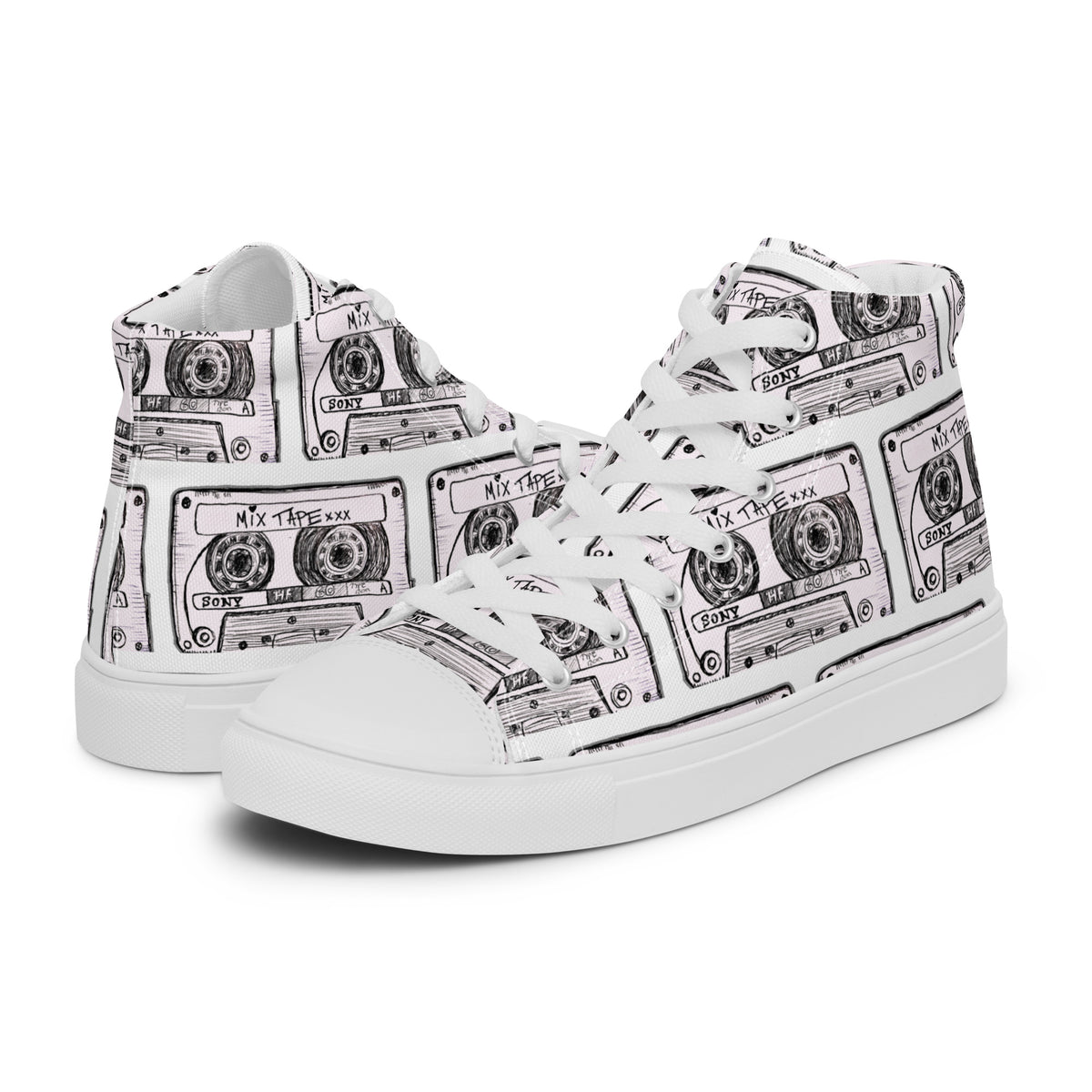A pair of Vicky Steane's Mix Tape white high-top sneakers featuring a black line-art print of cassette tapes, shown against a plain white background.