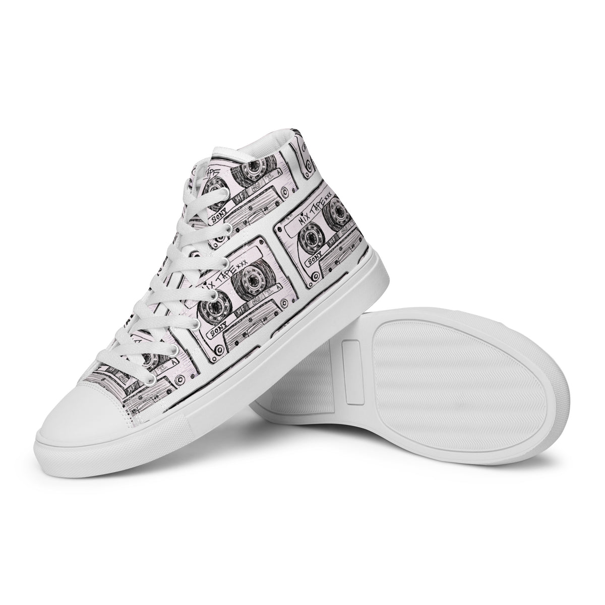 A pair of  Vicky Steane's Mix Tape High Top Canvas Shoes featuring a black and gray cassette tape and dollar bill pattern on the sides, with a solid white sole.