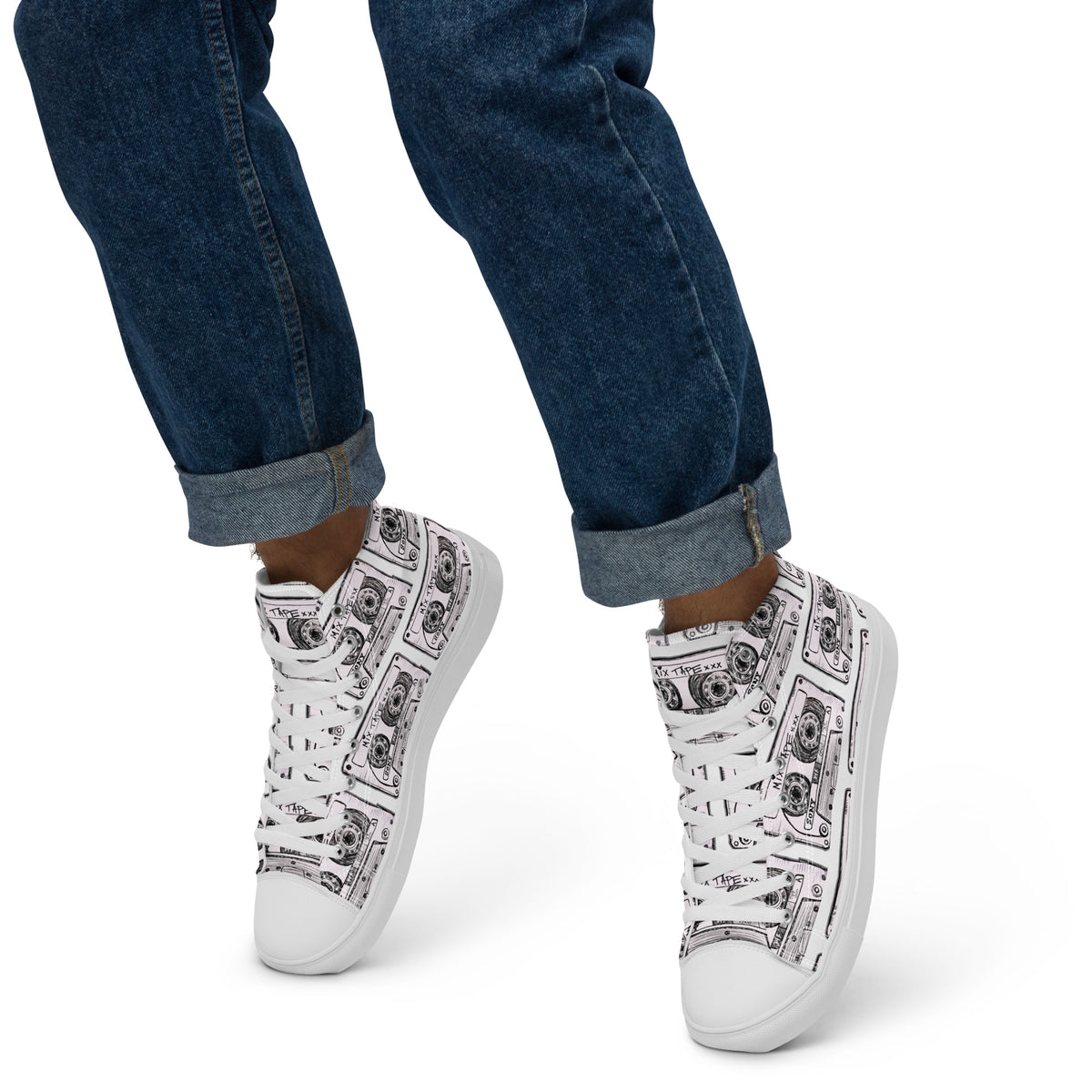  Vicky Steane's Mix Tape High Top Canvas Shoes worn by a model in dark blue jeans against a white background.