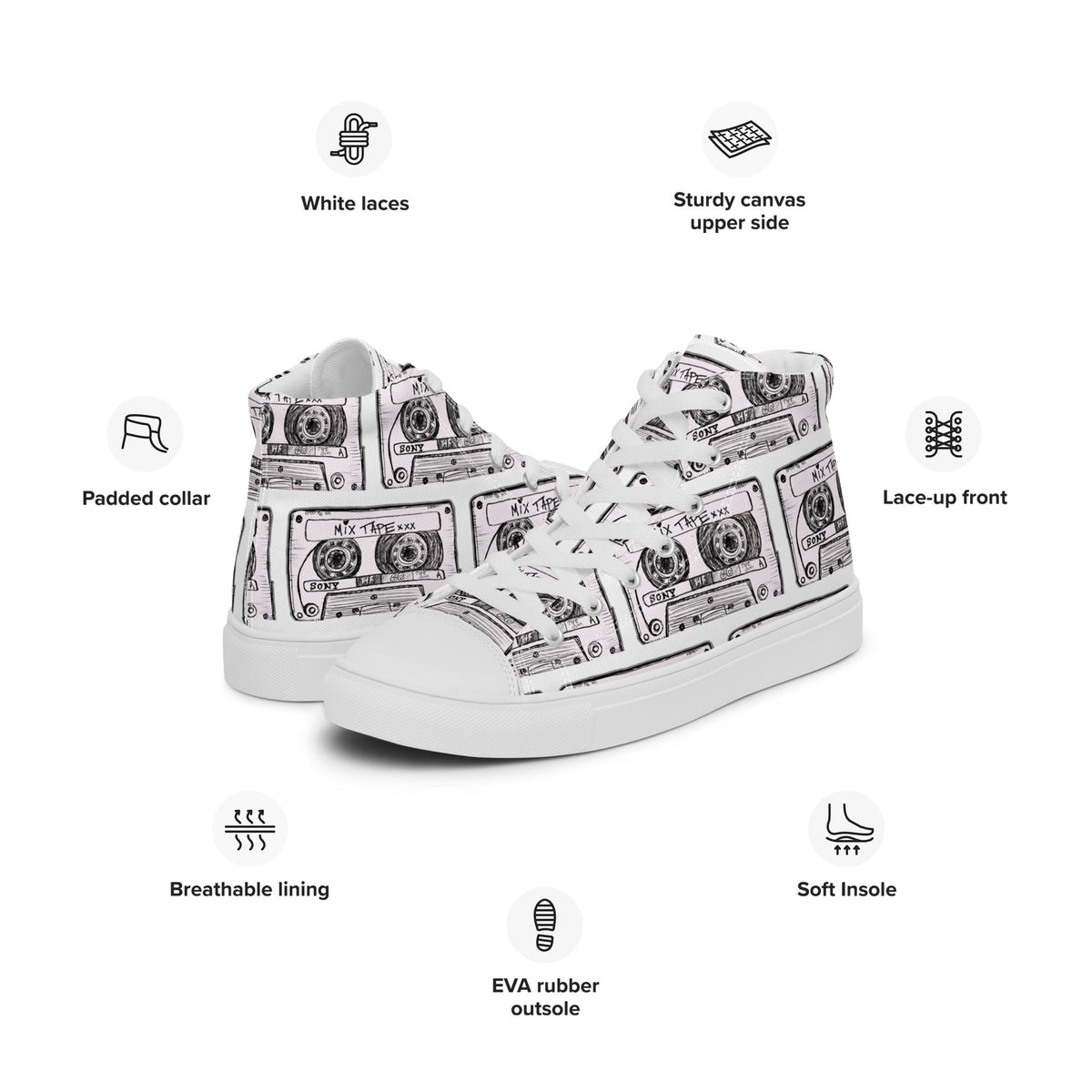 A pair of Vicky Steane's Mix Tape High Top Shoes with a black cassette tape aon the sides, shown on a white background with feature and benefits callout icons and text.