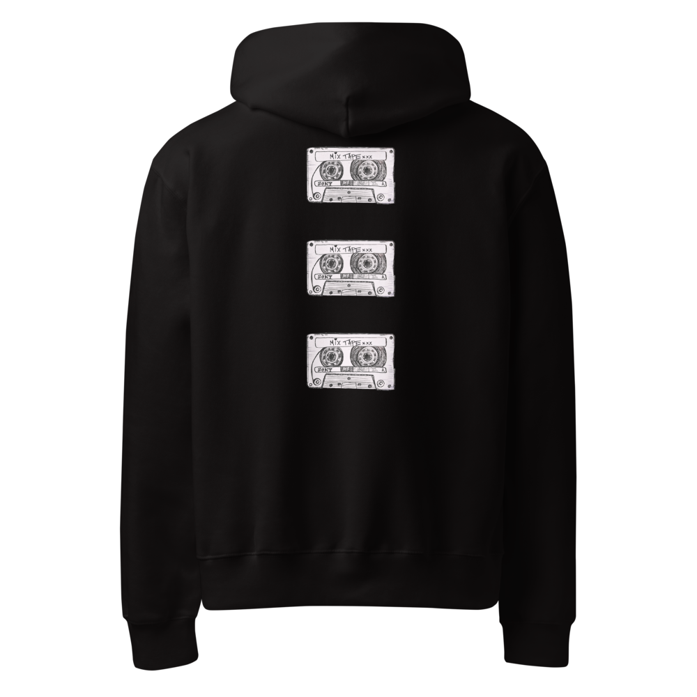 Ghost image of Mix Tape Oversized Hoody in black with cassette tape designs on the back and hood down against a white background