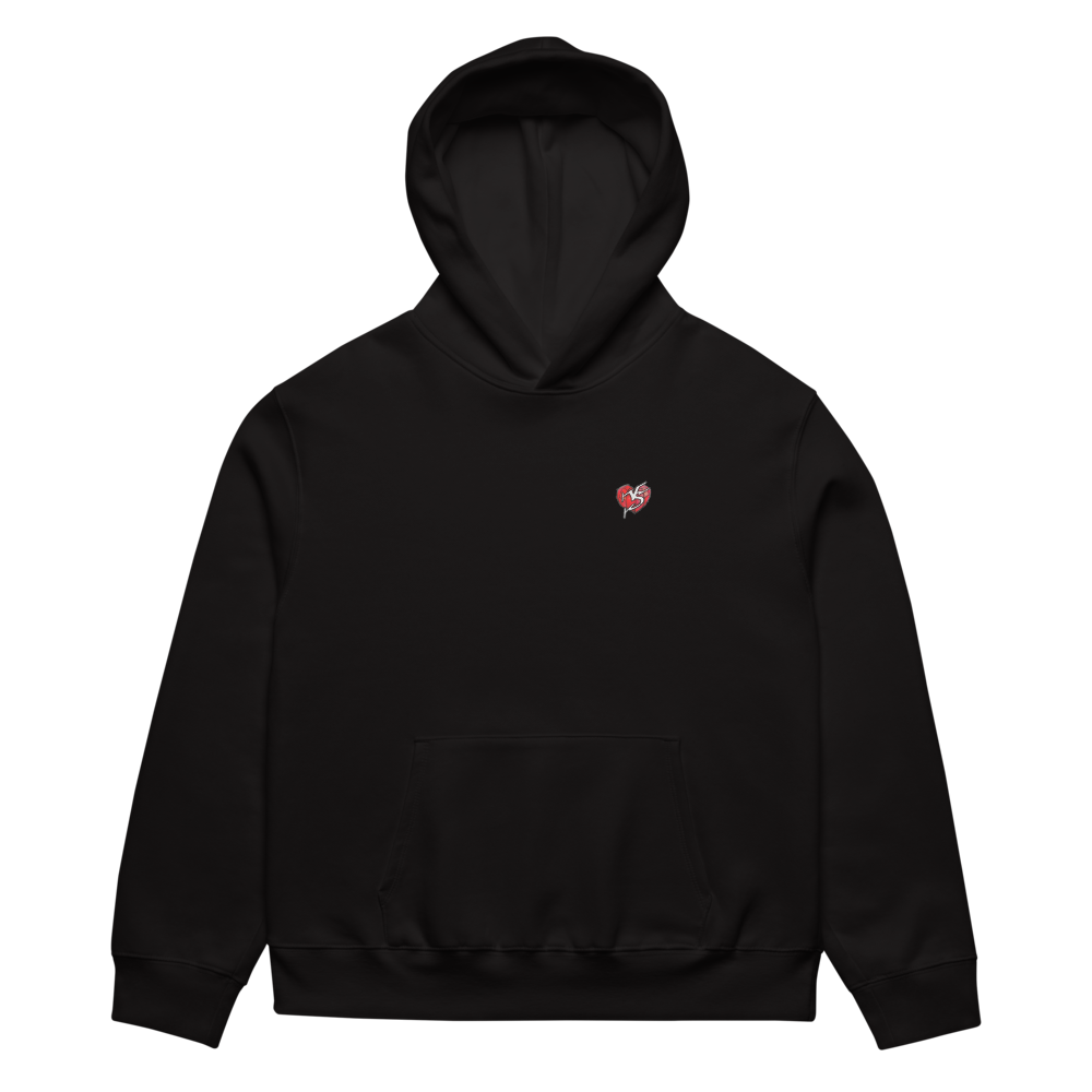 Flat lay image ofMix Tape Oversized Hoody in black with a small Vicky Steane Heart logo on the chest against a white background