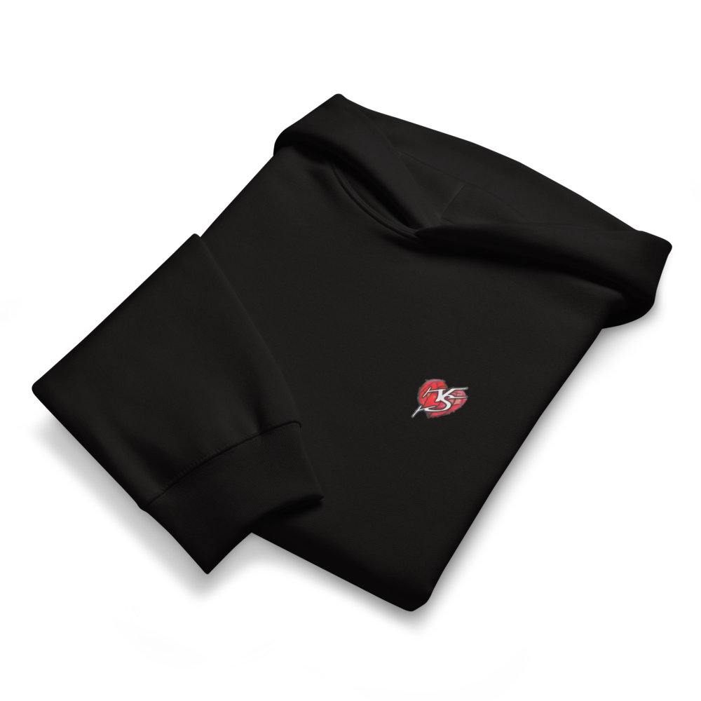 Folded Mix Tape Oversized Hoody in black with a Vicky Steane Heart logo on the breast on a white background