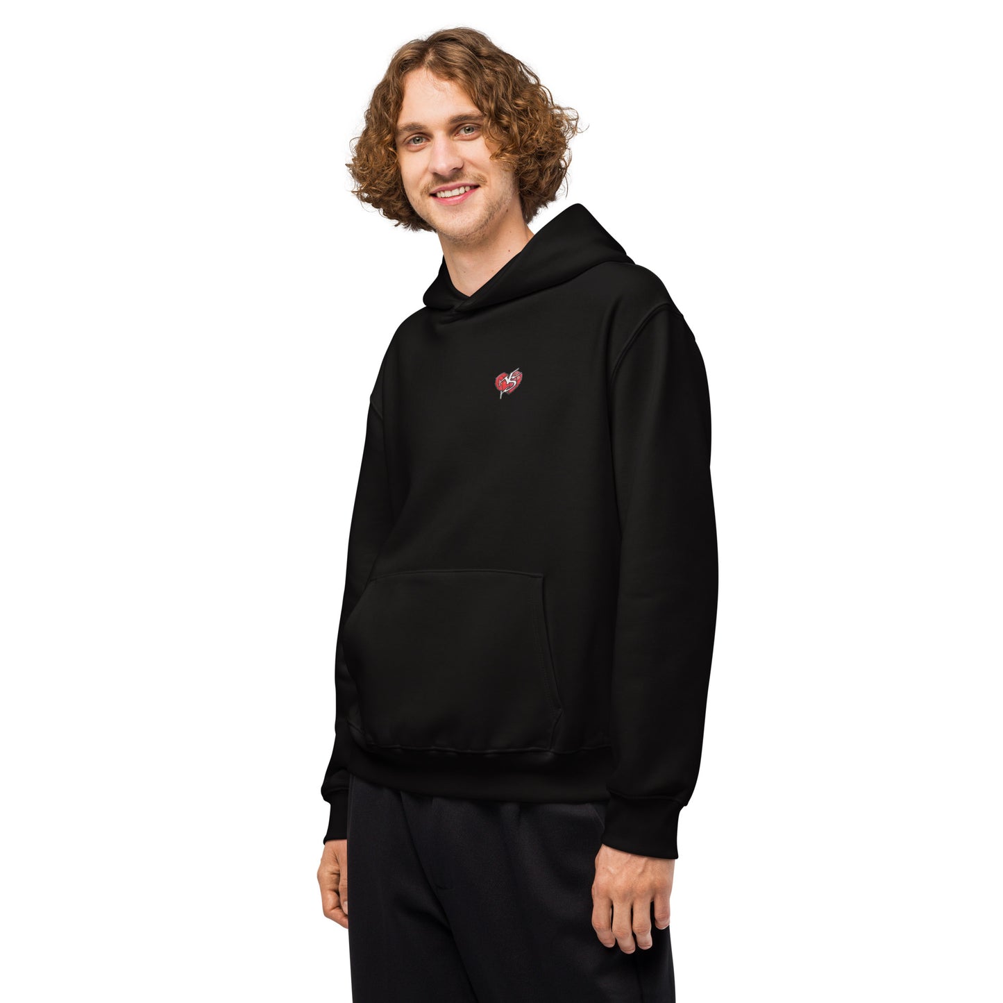 Male model wearing Vicky Steane's Mix Tape Mens Oversized Hoody in black front shot