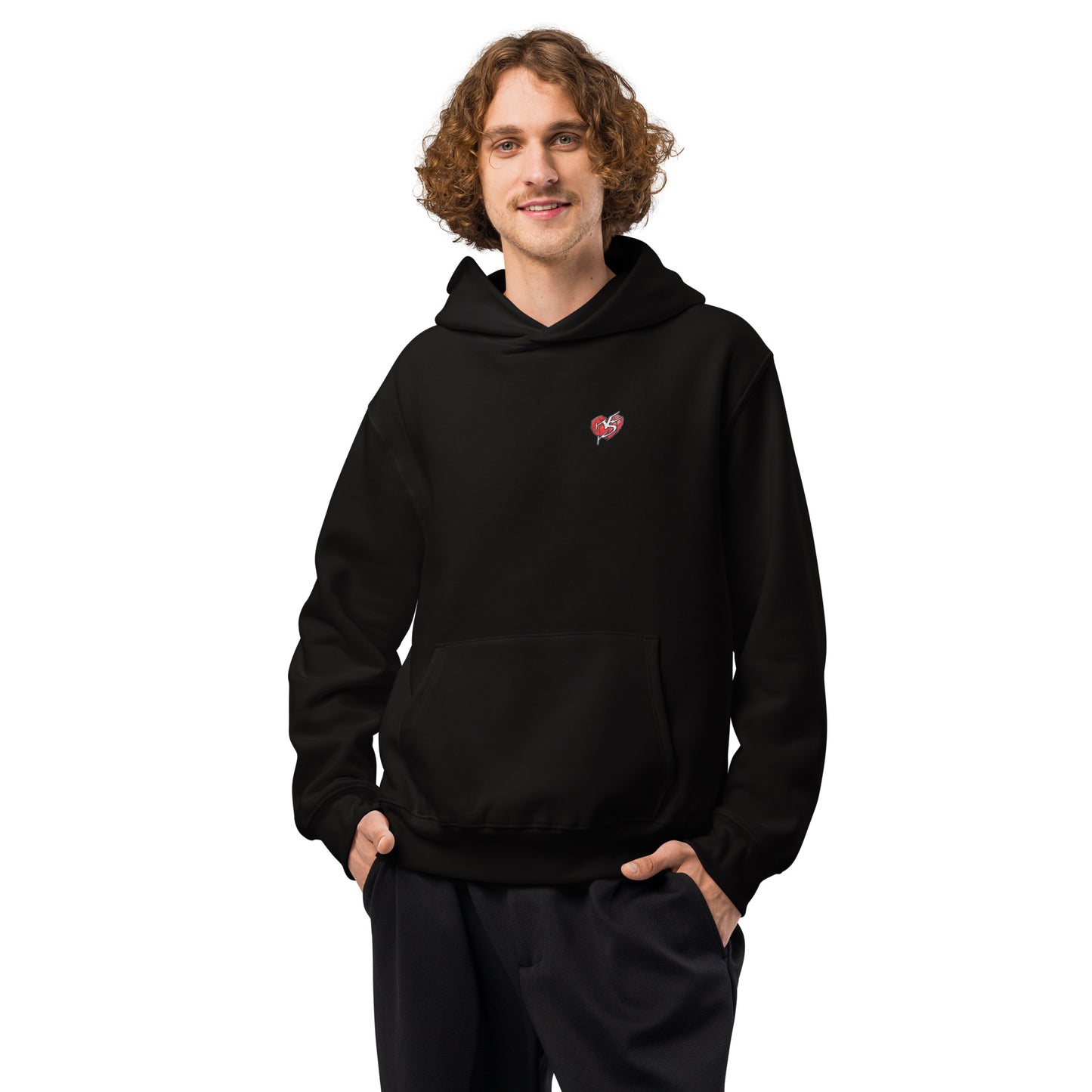 Male model wearing Vicky Steane's Mix Tape Mens Oversized Hood in black, with a Heart logo on a white background