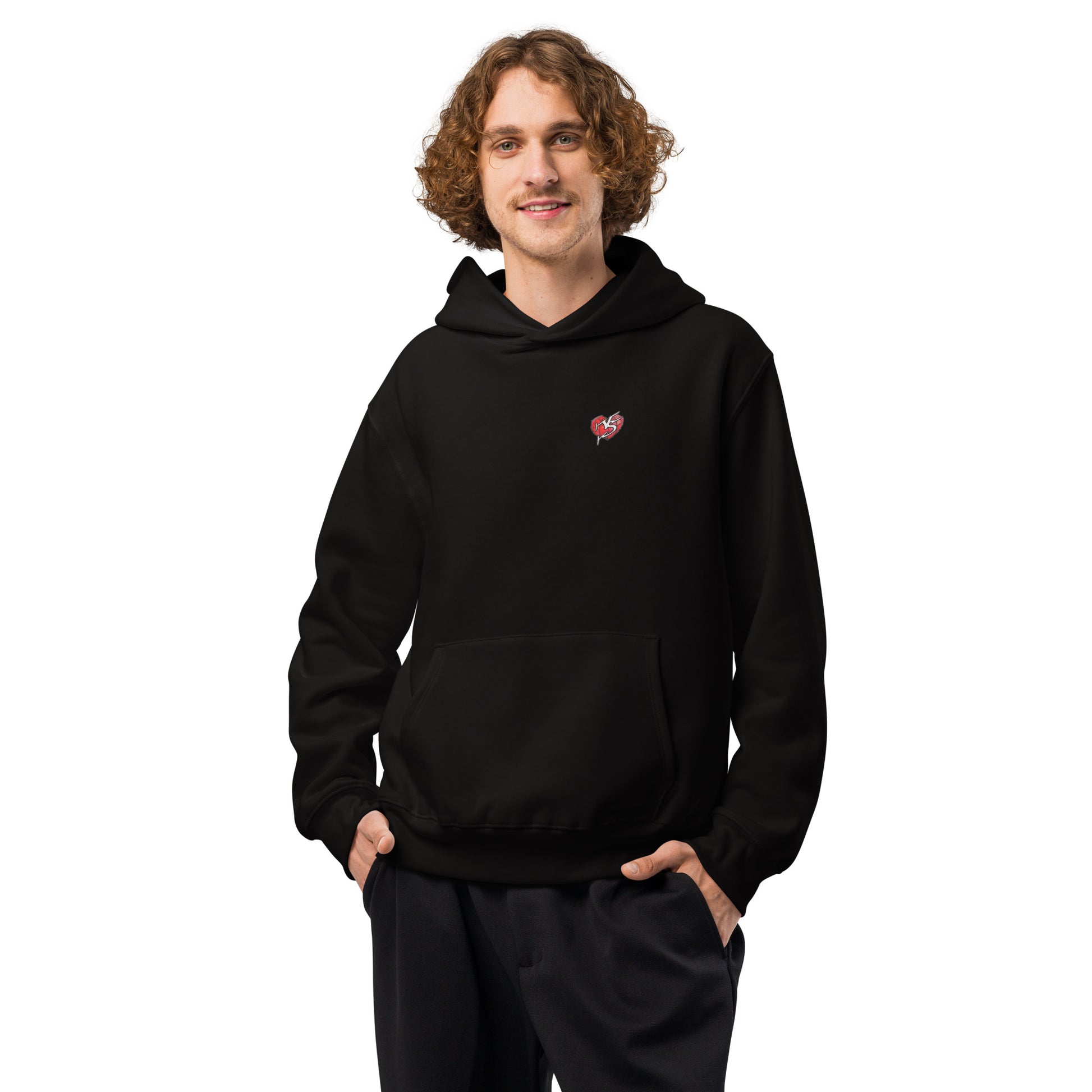 Male model wearing Vicky Steane's Mix Tape Mens Oversized Hood in black, with a Heart logo on a white background