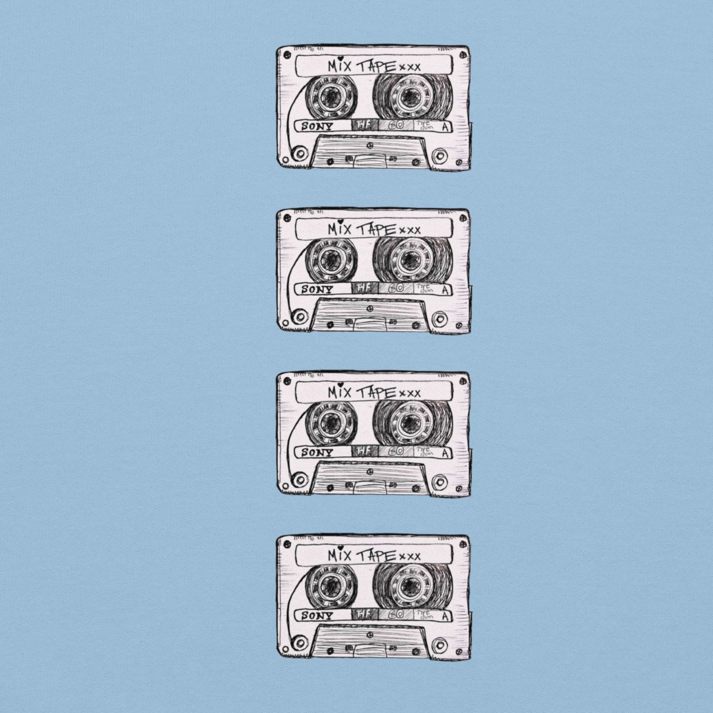 Light blue Mix Tape hoodie design with four cassette artworks on the back by Vicky Steane