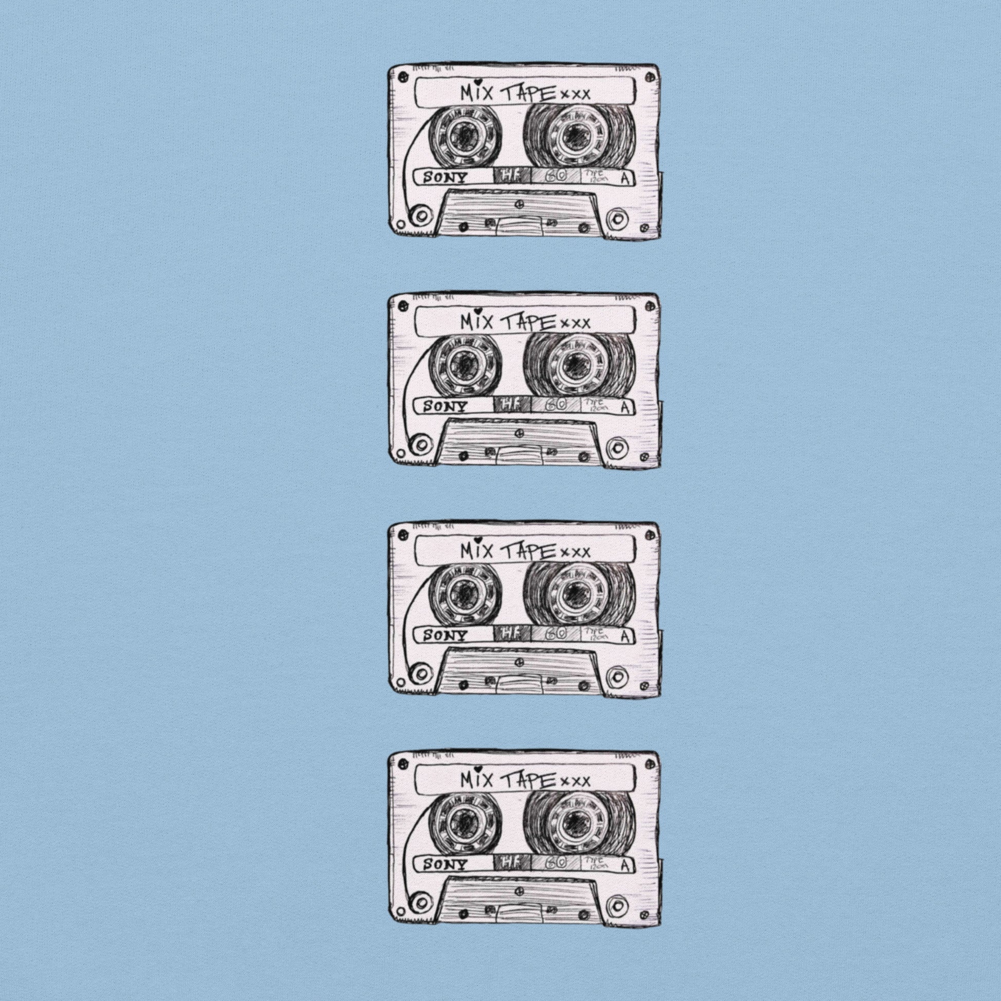 Light blue Mix Tape hoodie design with four cassette artworks on the back by Vicky Steane