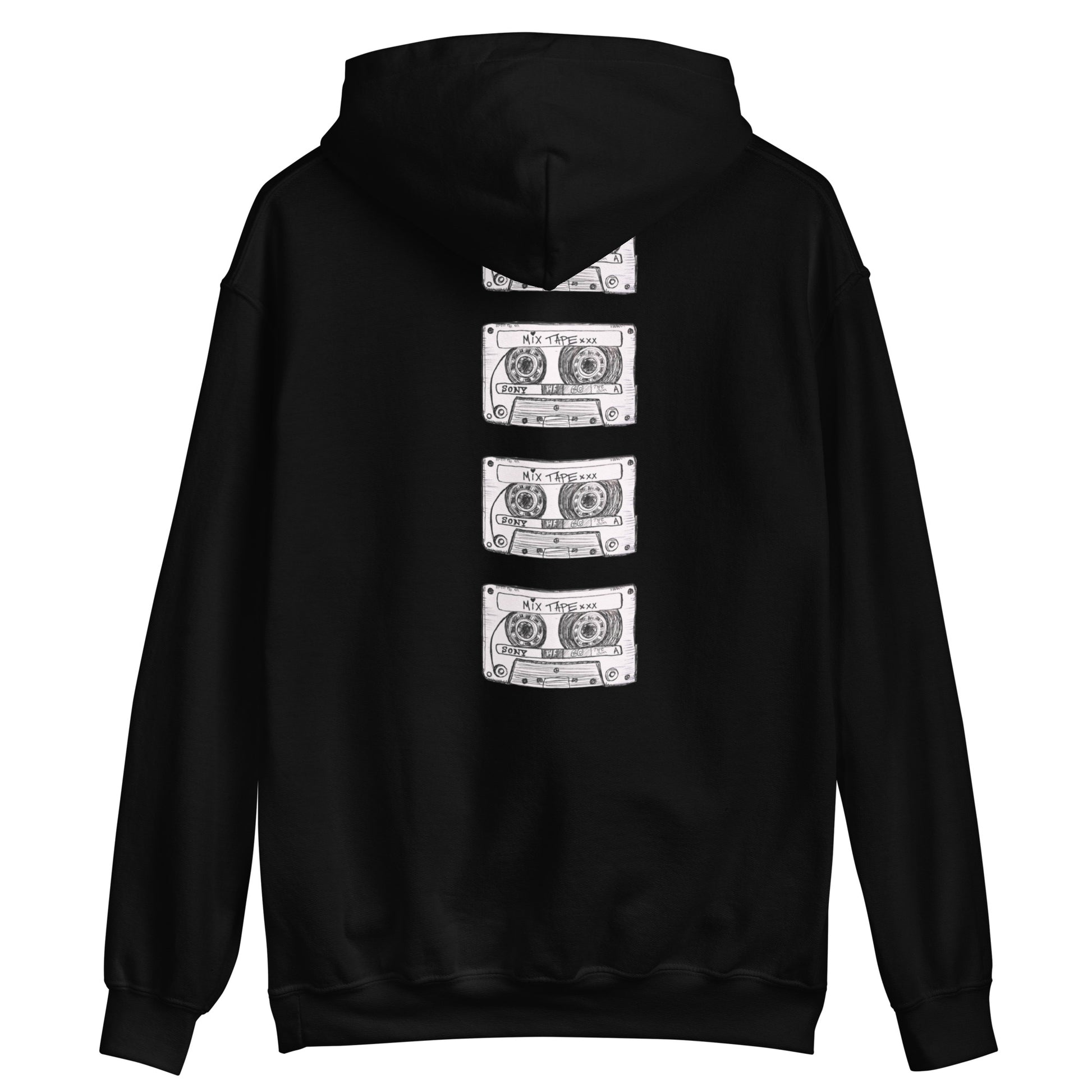 Back view of black Mix Tape hoodie with stacked cassette artwork by Vicky Steane