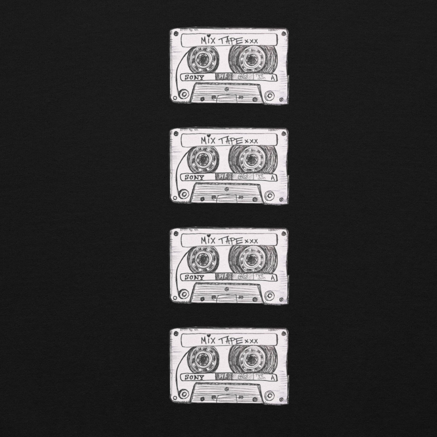 Black Mix Tape hoodie design with four cassette artworks on the back by Vicky Steane