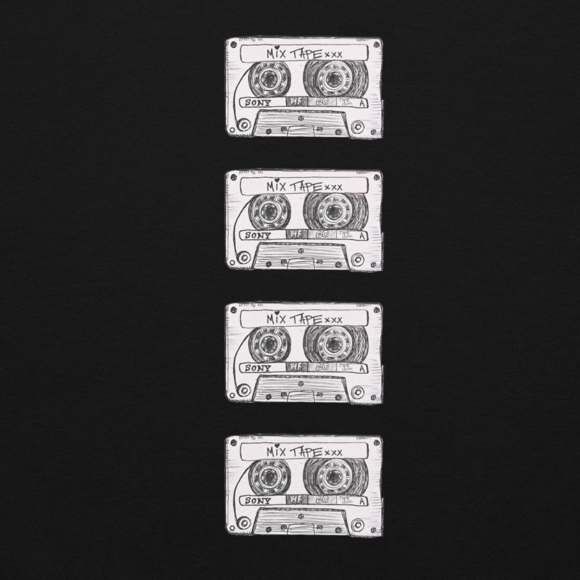 Black Mix Tape hoodie design with four cassette artworks on the back by Vicky Steane