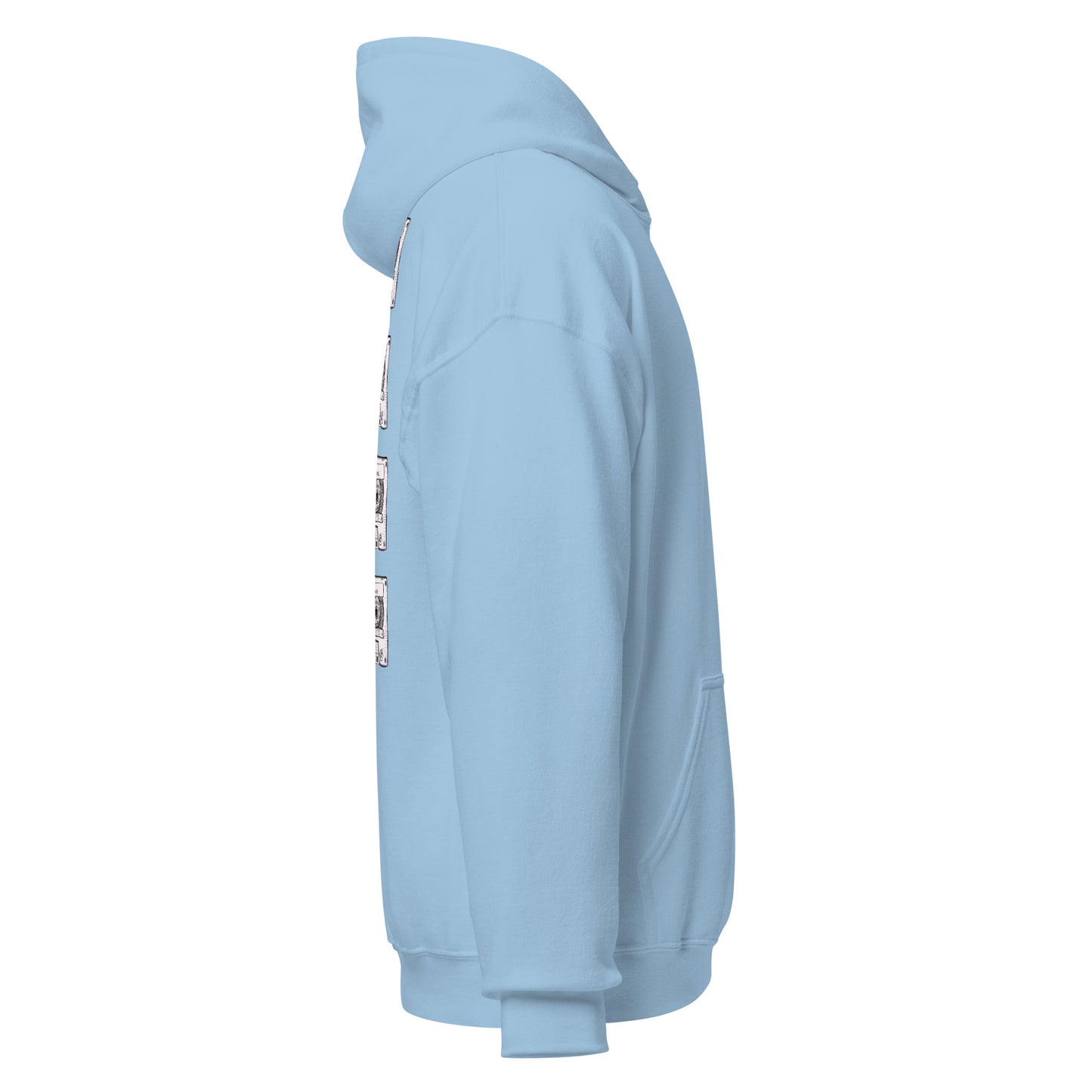Right side product view of light blue Mix Tape hoodie showing cassette back artwork