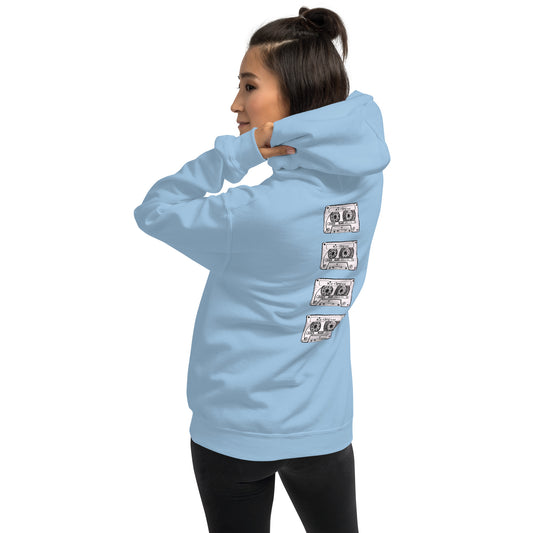 Model wearing light blue Mix Tape oversized hoodie with cassette artwork on the back