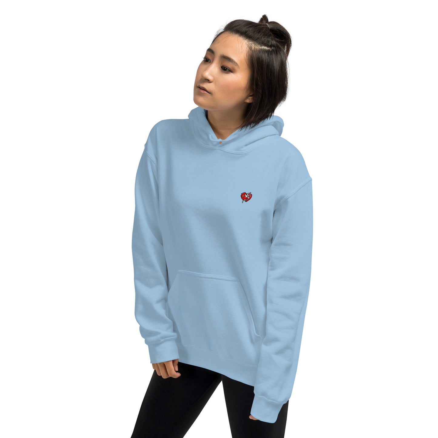 Model wearing light blue Mix Tape hoodie with red Vicky Steane chest artwork