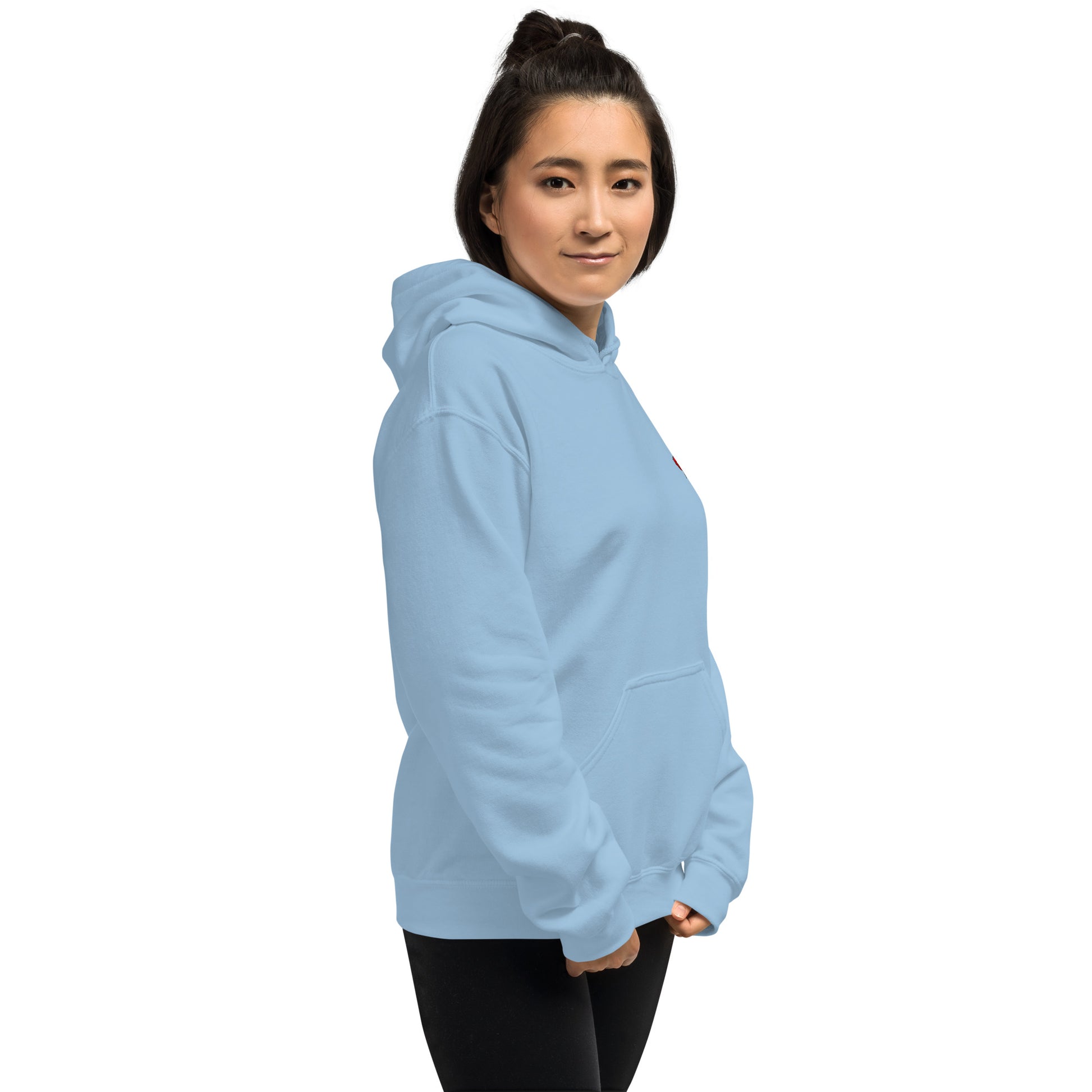 Side profile of light blue Mix Tape oversized hoodie with relaxed streetwear fit