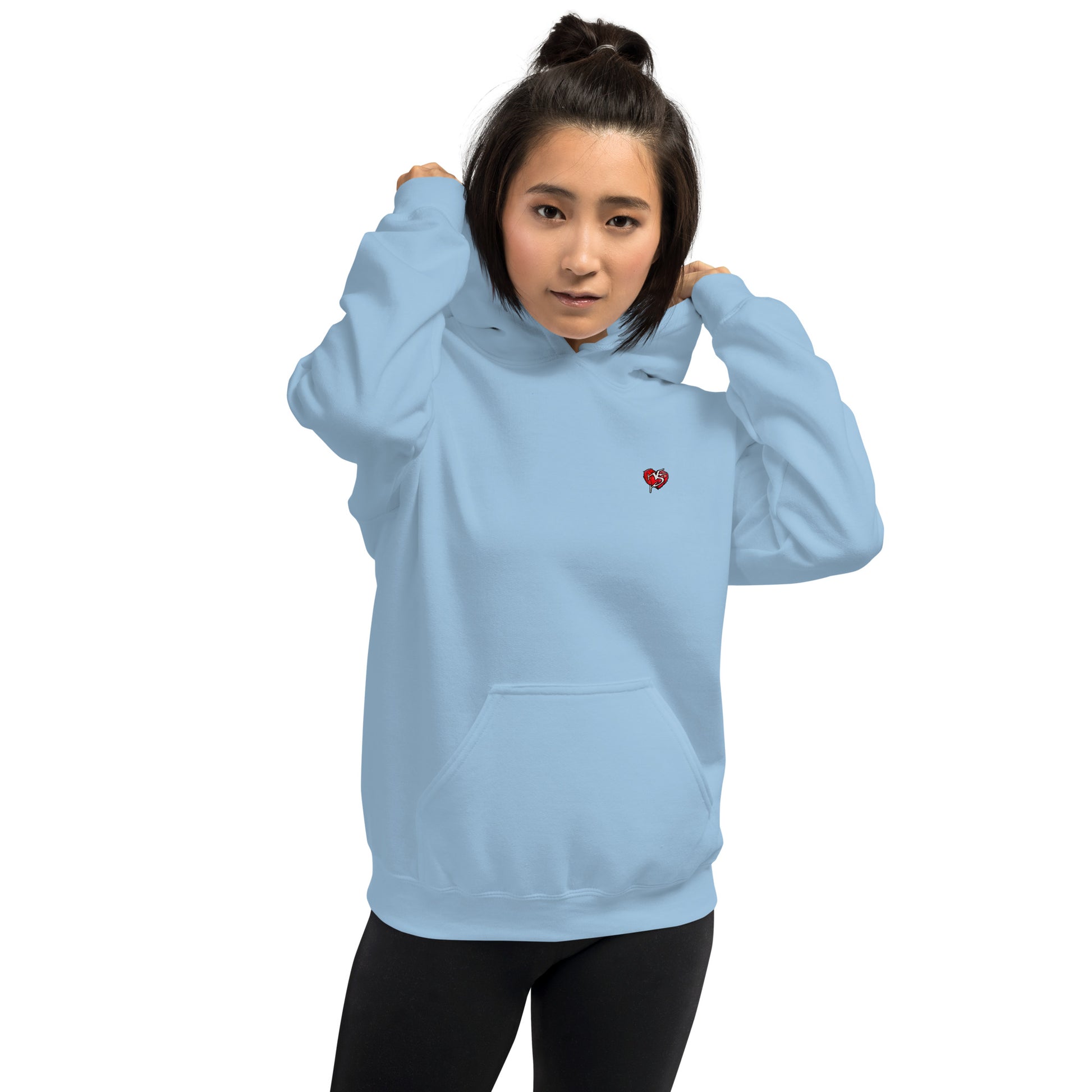 Model wearing light blue Mix Tape hoodie with red Vicky Steane chest artwork