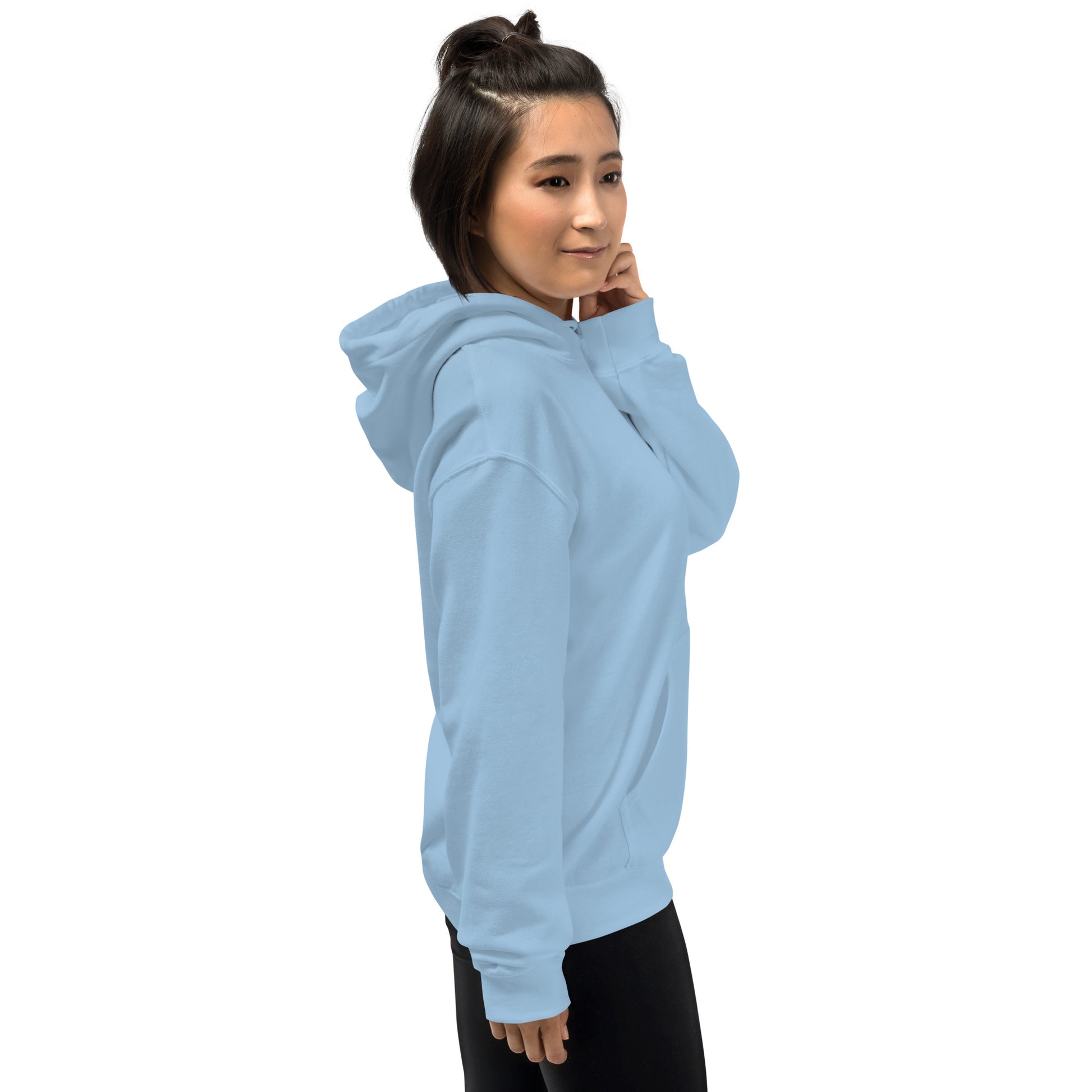Right side view of light blue Mix Tape women’s oversized hoodie with small chest logo