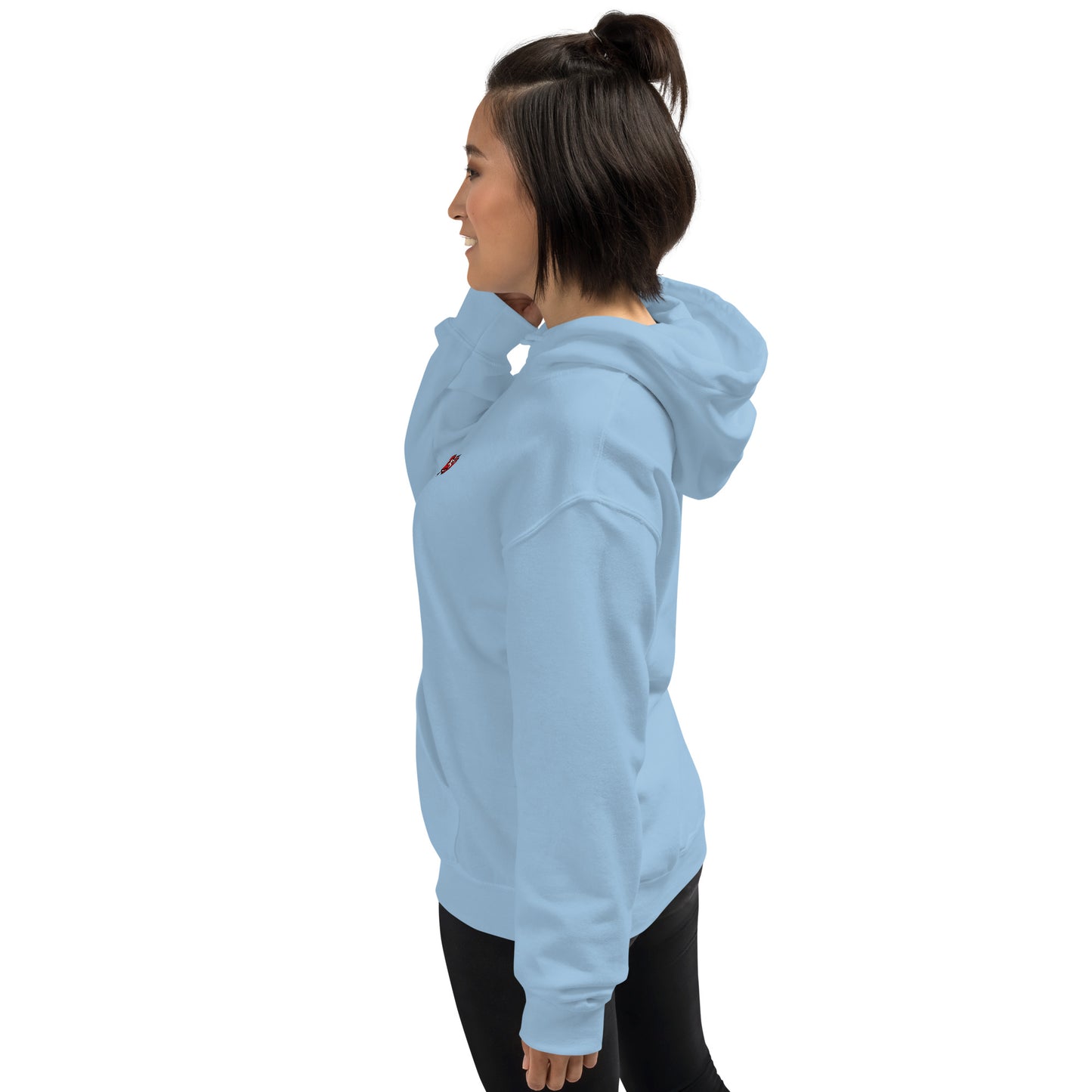 Side product view of light blue Mix Tape hoodie with small front logo visible
