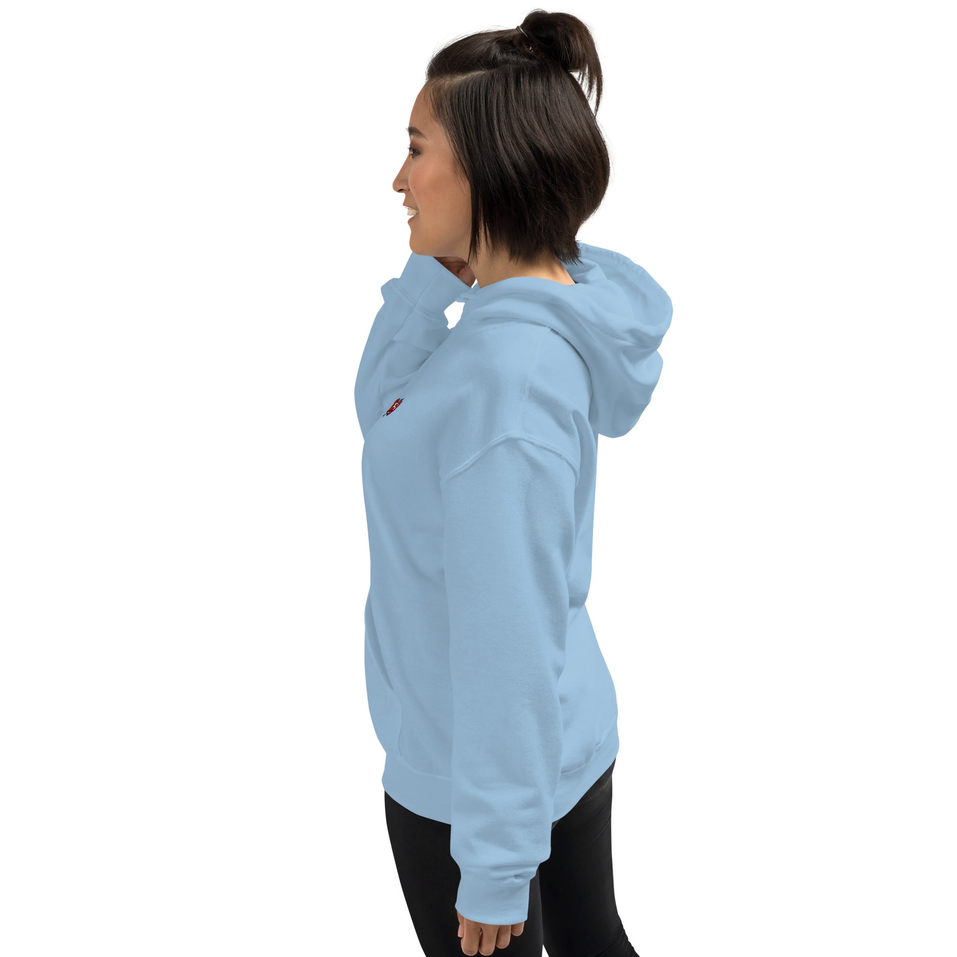 Side product view of light blue Mix Tape hoodie with small front logo visible