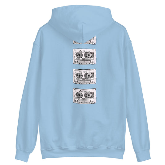 Back view of light blue Mix Tape hoodie with stacked cassette artwork by Vicky Steane