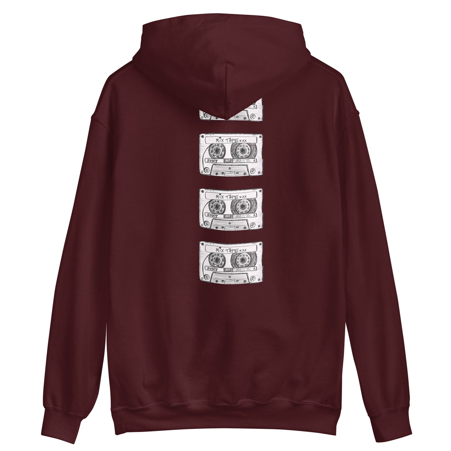 Back view of maroon  Mix Tape hoodie with stacked cassette artwork by Vicky Steane