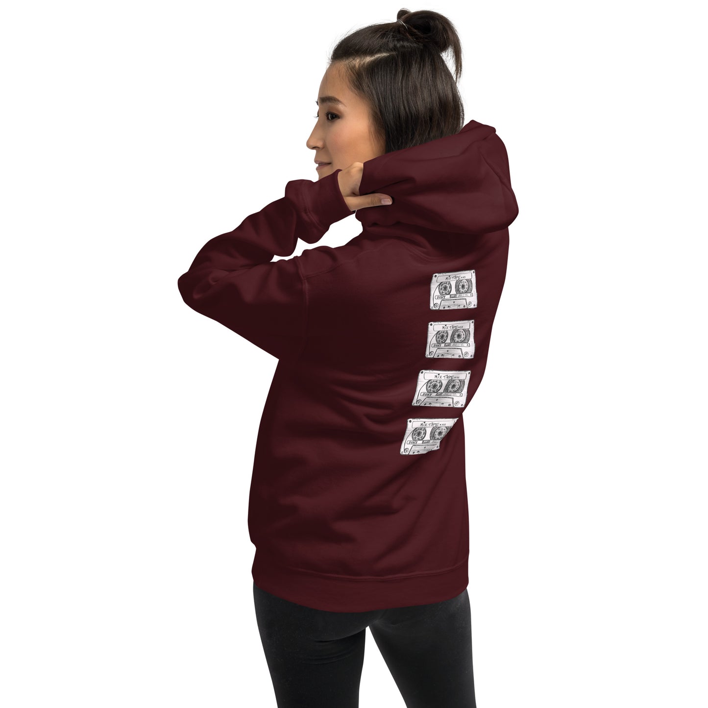 Model wearing maroon Mix Tape oversized hoodie with cassette artwork on the back