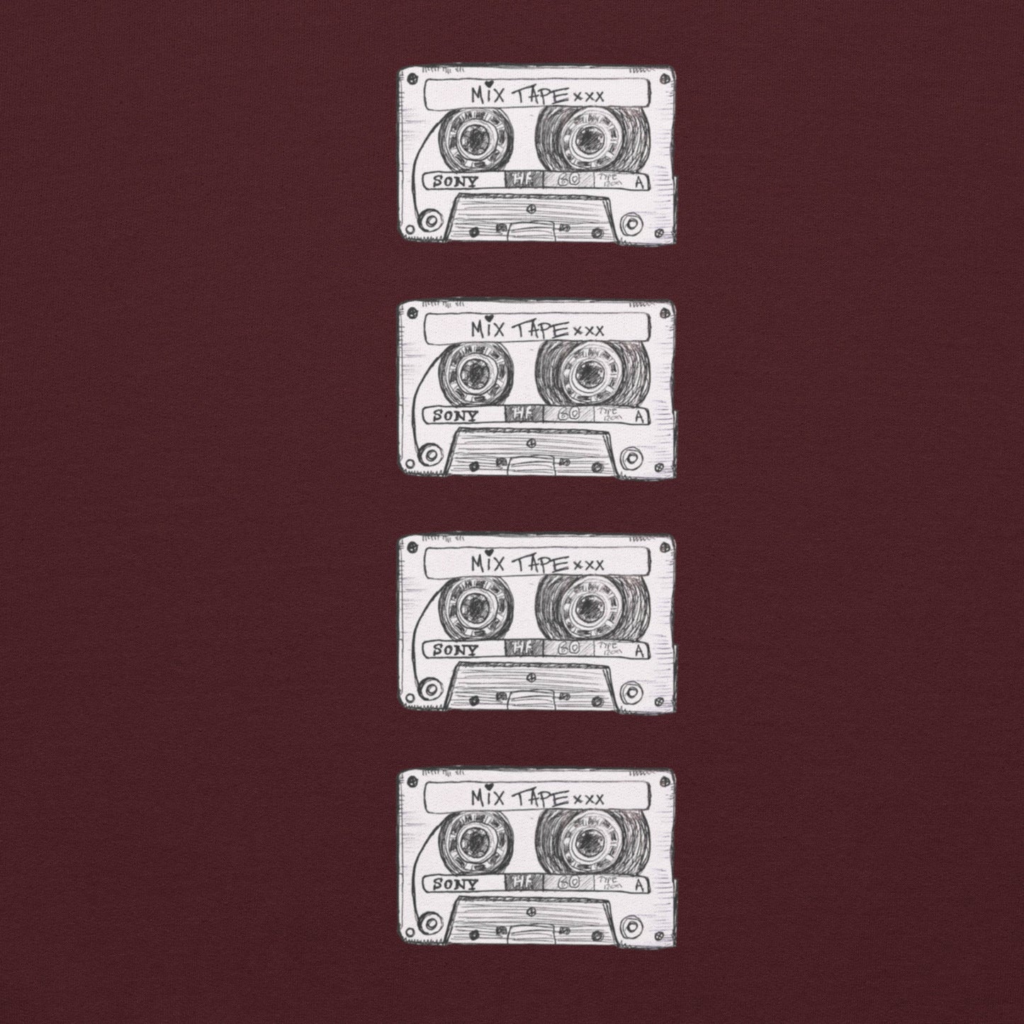 Maroon Mix Tape hoodie design close up with four cassette artworks on the back by Vicky Steane