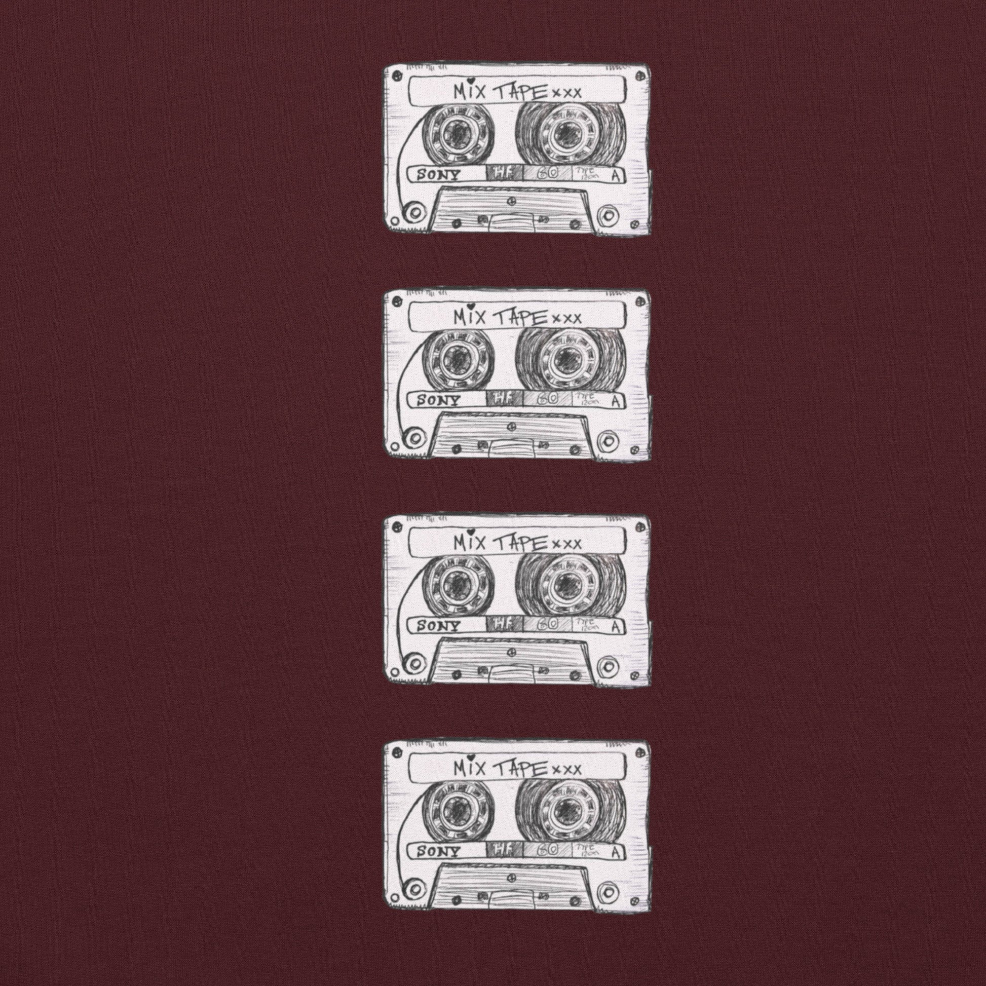 Maroon Mix Tape hoodie design close up with four cassette artworks on the back by Vicky Steane