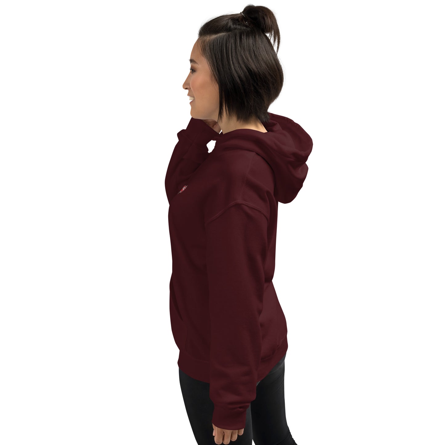 Side profile of  maroon Mix Tape oversized hoodie with relaxed streetwear fit