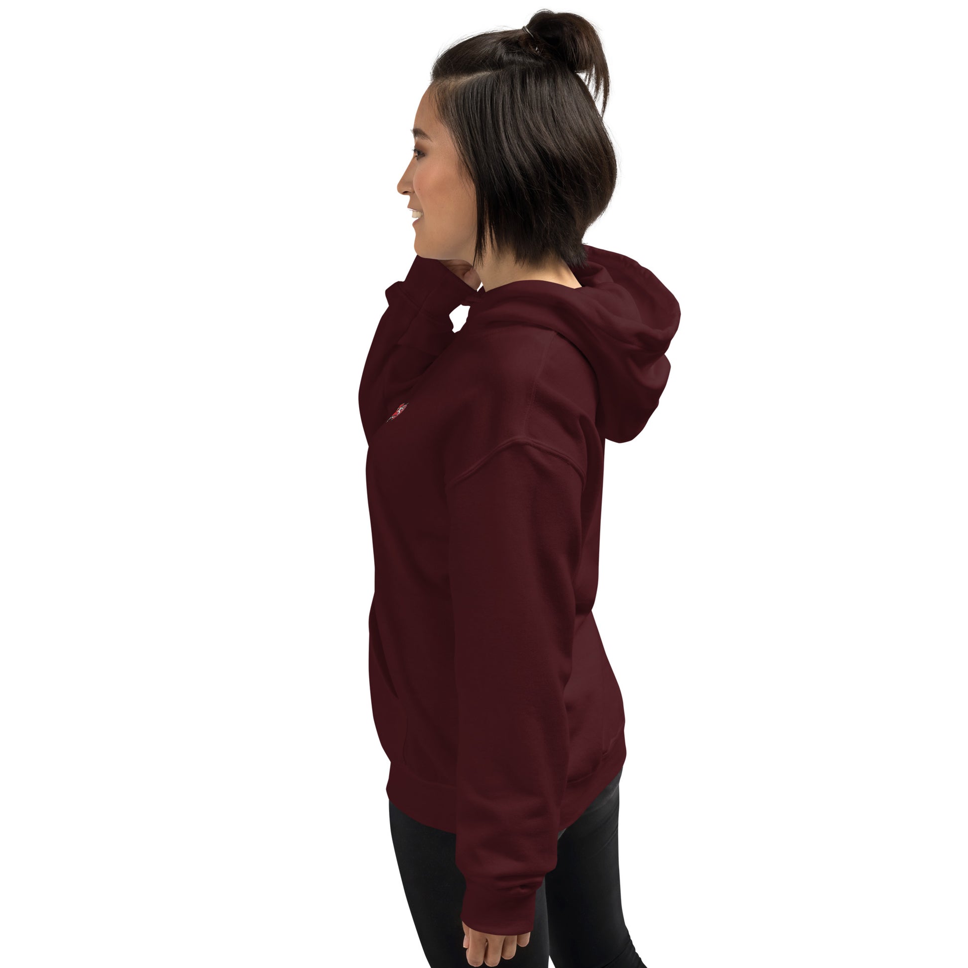 Side profile of  maroon Mix Tape oversized hoodie with relaxed streetwear fit