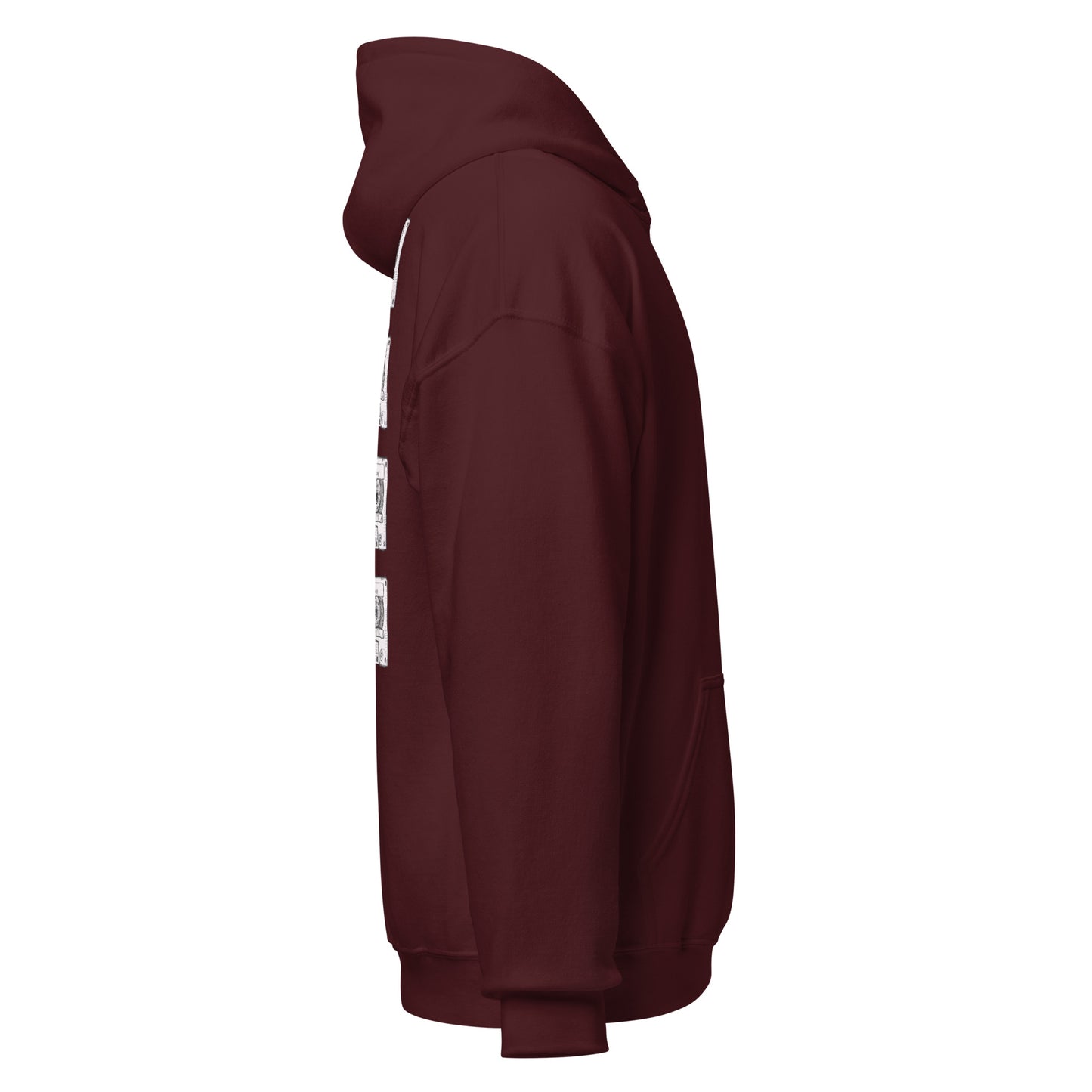 Side product view of  maroon Mix Tape hoodie with small front logo visible