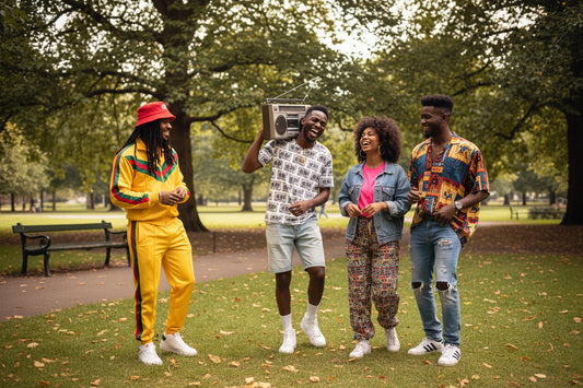 Man wearing a Mixtape design patterned shirt and blue jeans in a London park with friends