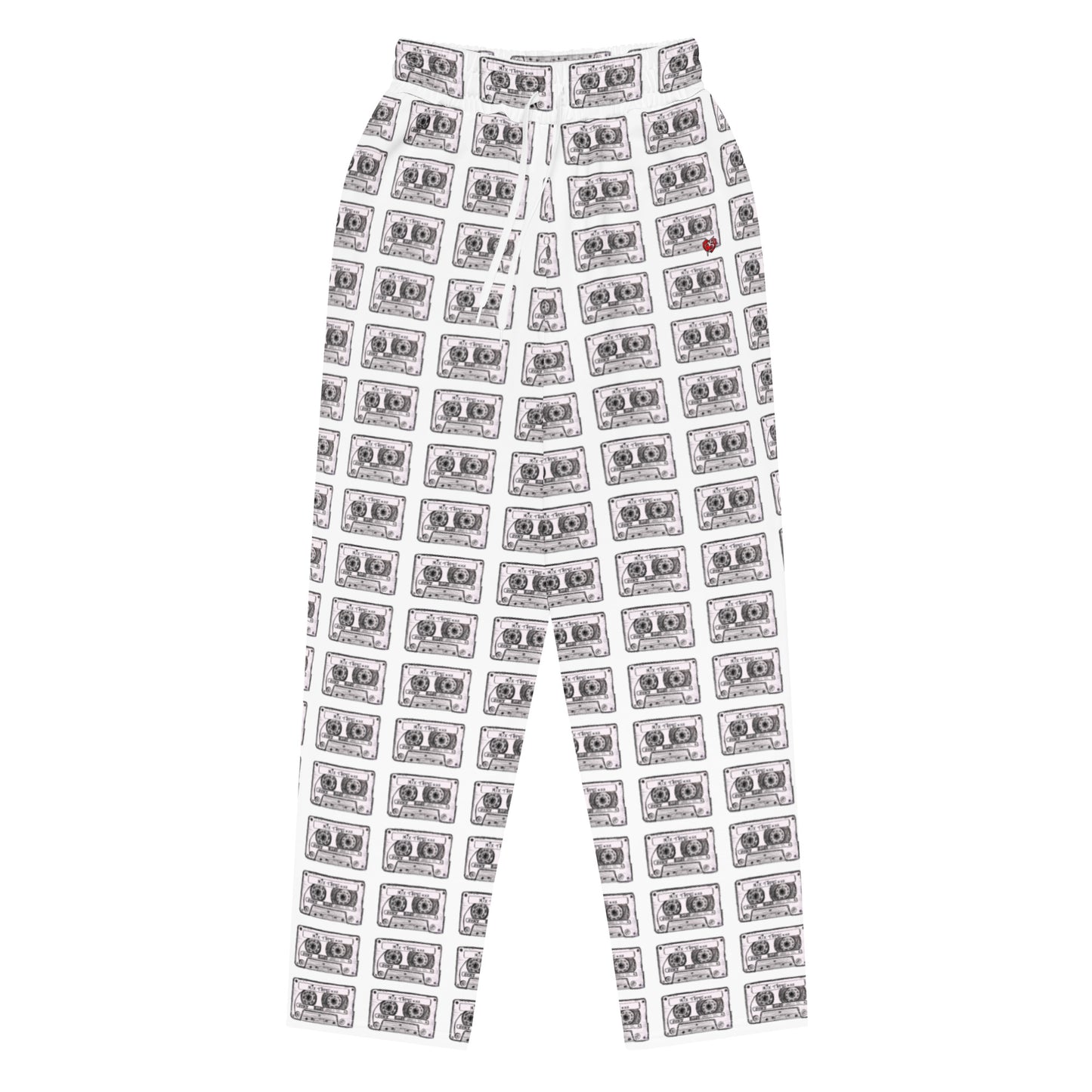 Mix Tape wide-leg joggers with retro cassette music art by Vicky Steane