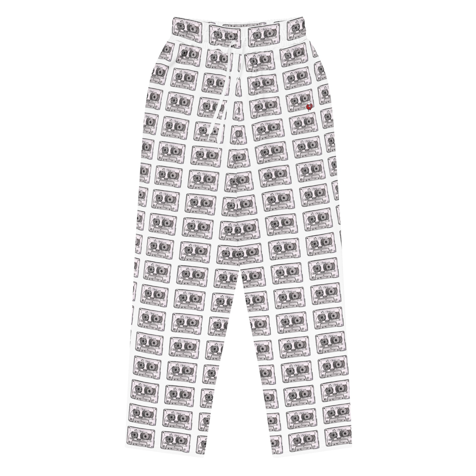 Mix Tape wide-leg joggers with retro cassette music art by Vicky Steane
