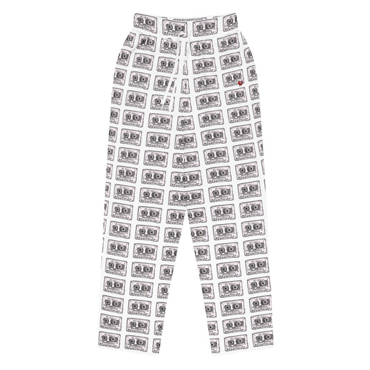 Mix Tape wide-leg joggers with retro cassette music art by Vicky Steane